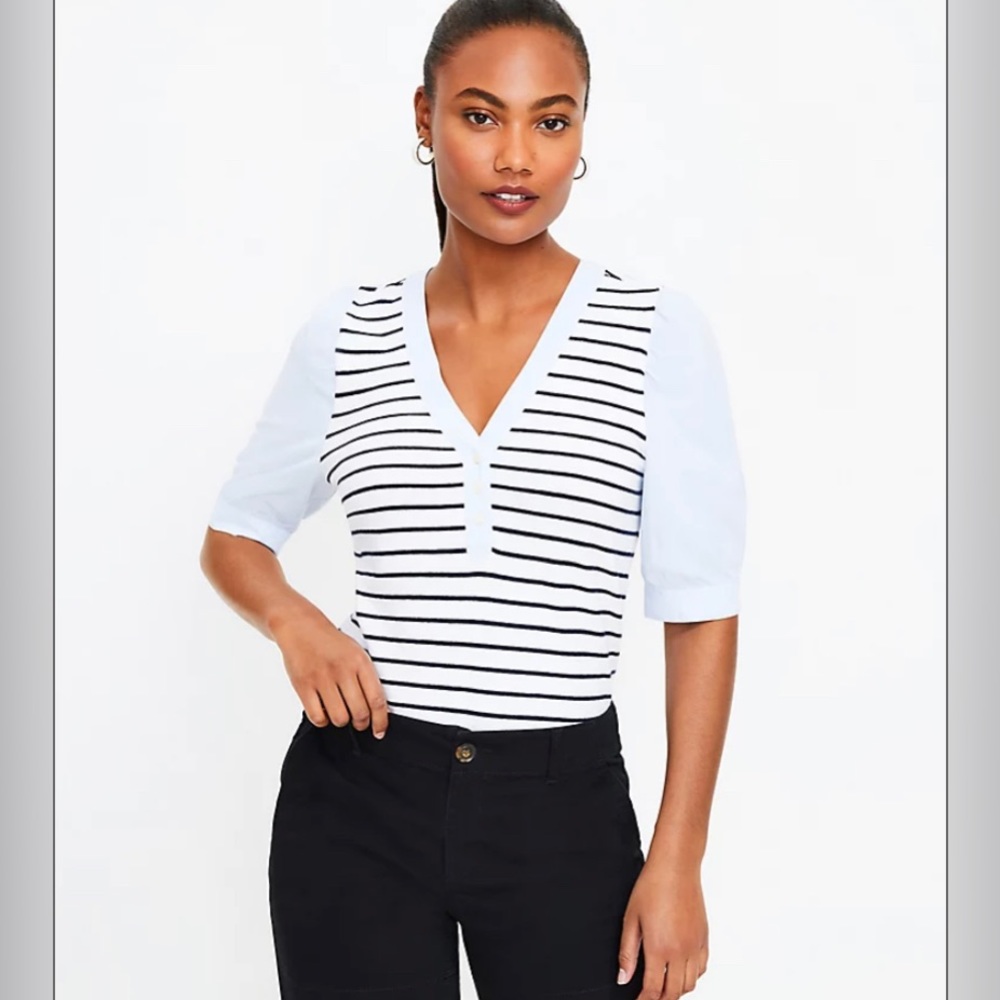 LOFT NWT Petite Striped Henley Mixed Media Top